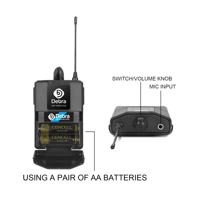 D Debra Audio AU400 Pro UHF 4 Channel Wireless Microphone System with Cordless Handheld Lavalier Headset Mics, Metal Receiver, Ideal for Karaoke Church Party (with 4 Bodypack (B)) - Image 4